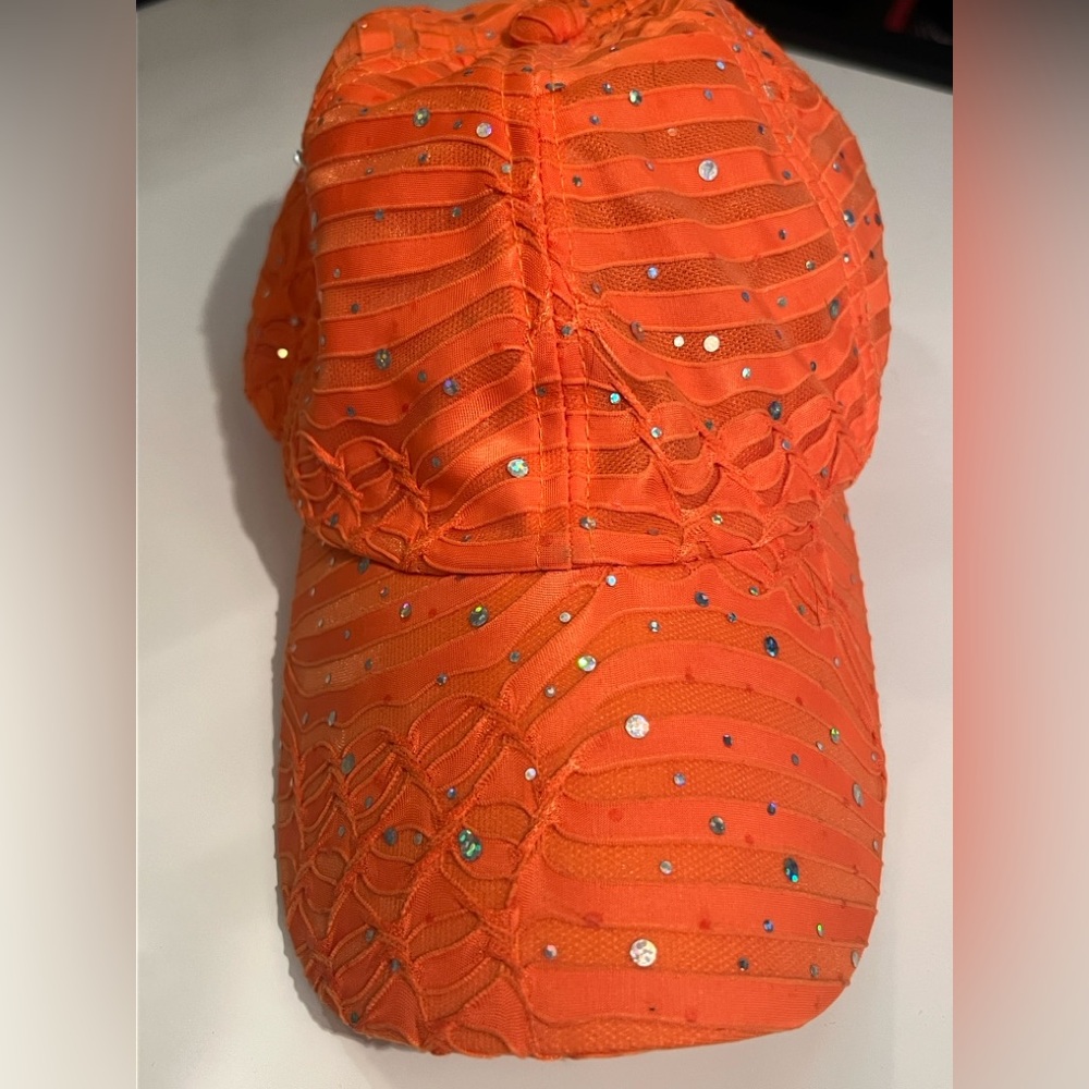 Embellished Sparkling Orange Baseball Cap One Size Adjustable Strap